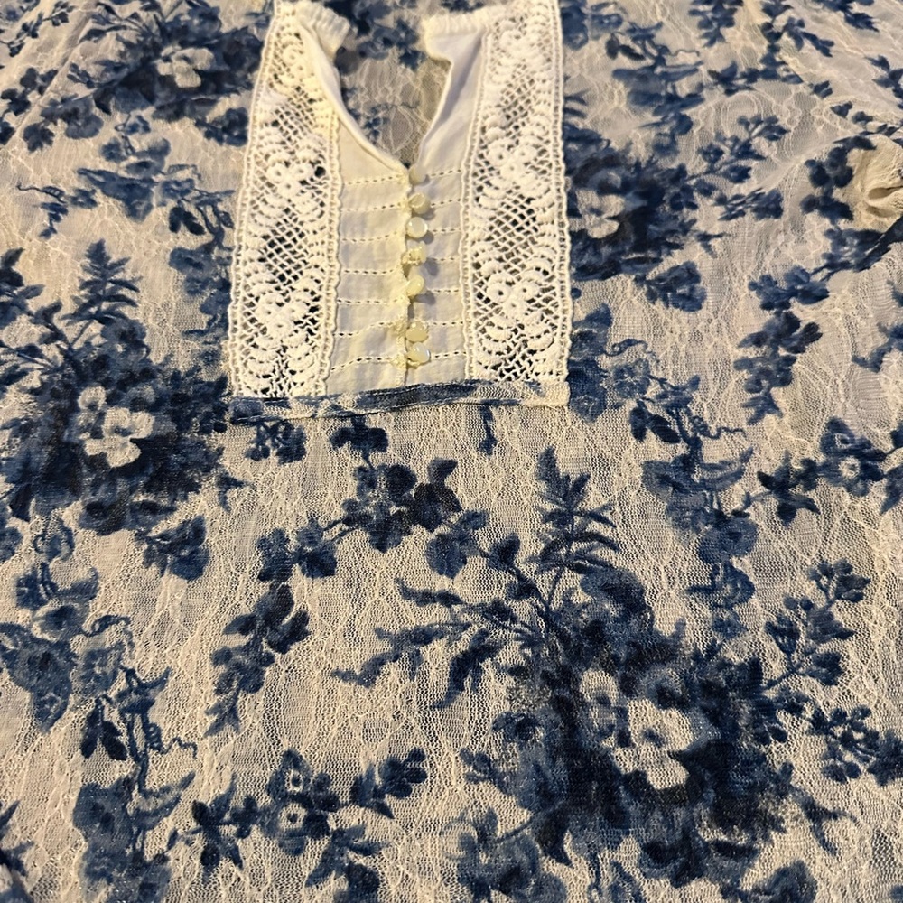 Ralph Lauren 8001 Denim & Supply Blue Floral Lace Stretch Knit Henley Top XL - Picture 3 of 5